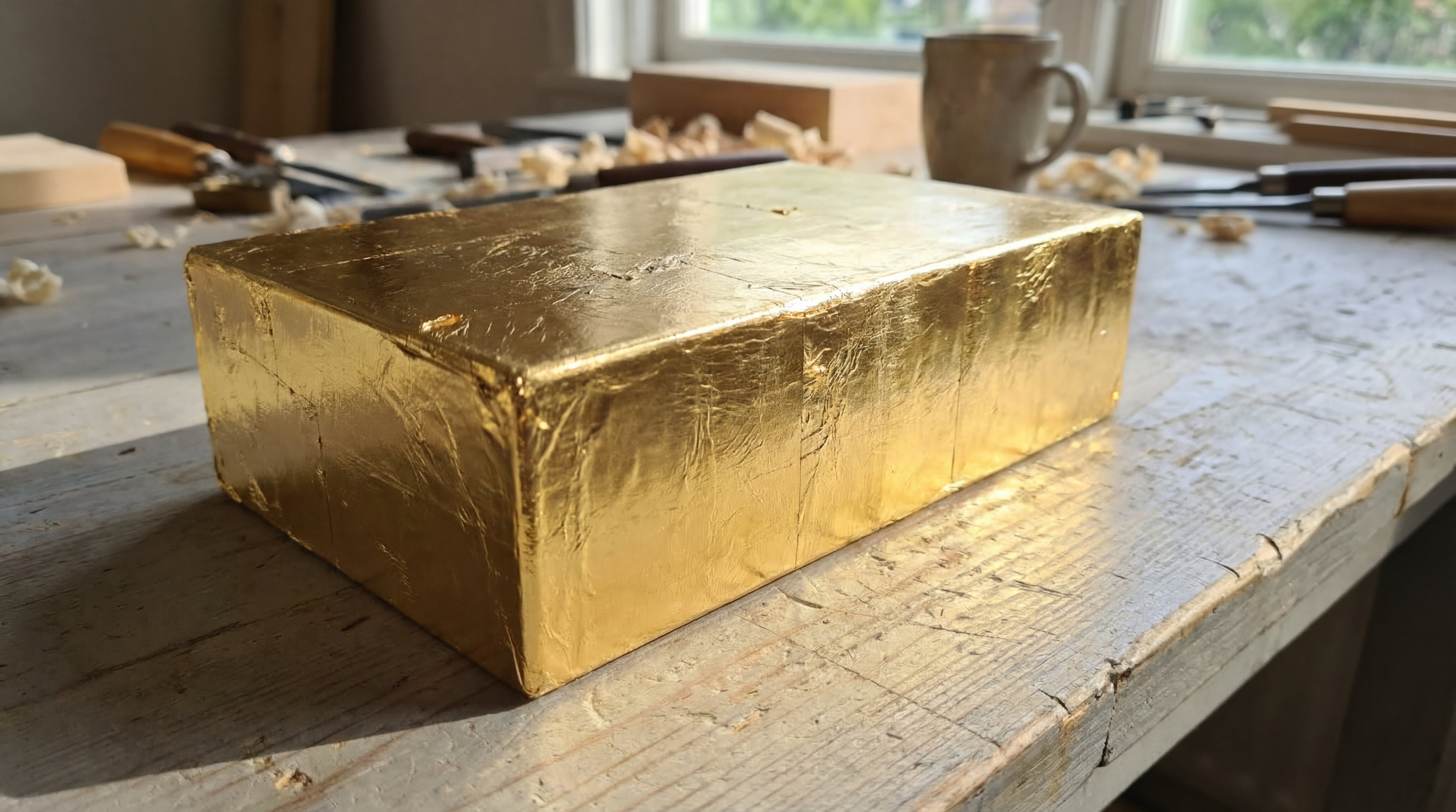 Mit Metallfolie veredelter Holzklotz – glänzender Goldbarren-Effekt durch Viva Decor Metalleffekt-Folienkleber