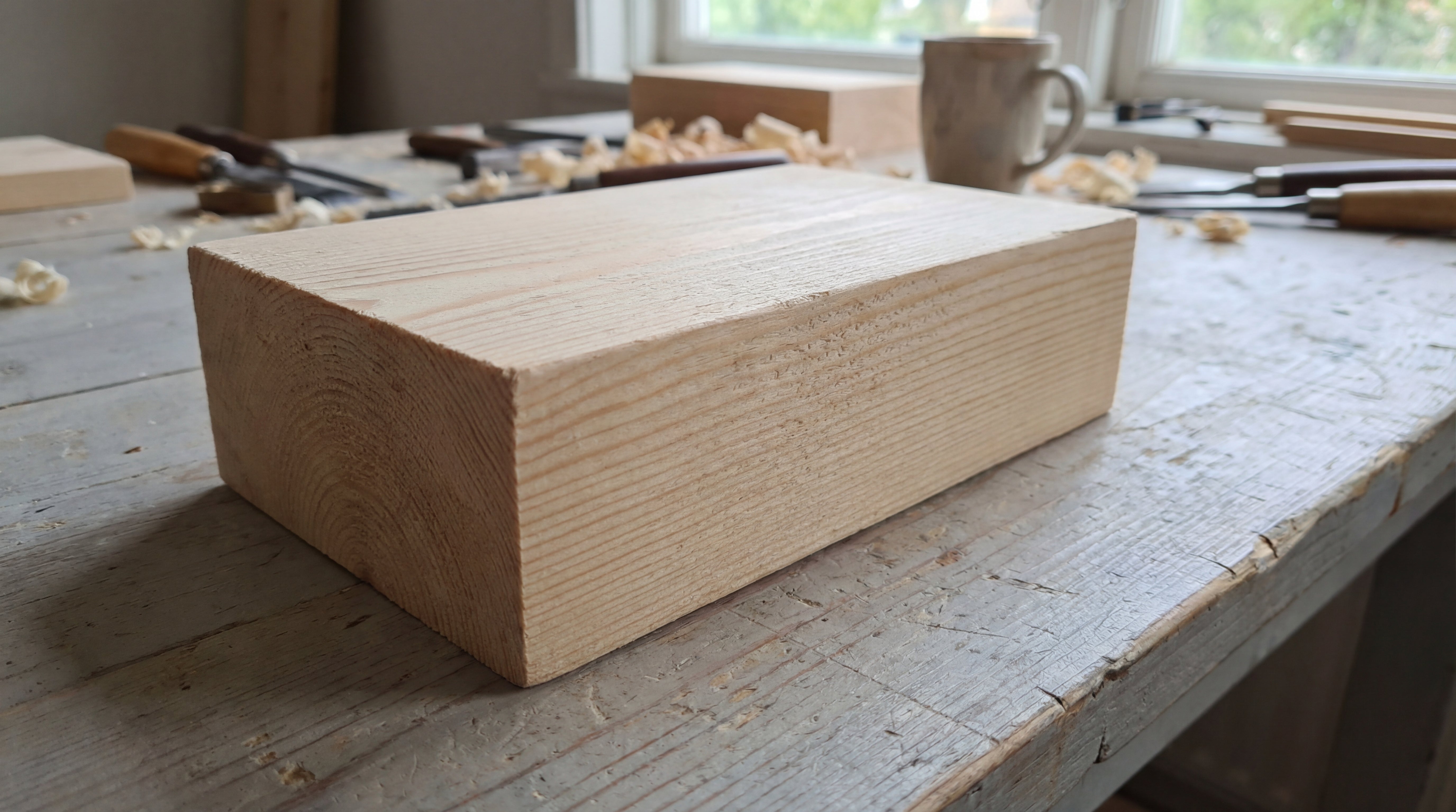 Unbehandelter Holzklotz als Ausgangsfläche für kreative Veredelung mit Metalleffekt-Folienkleber