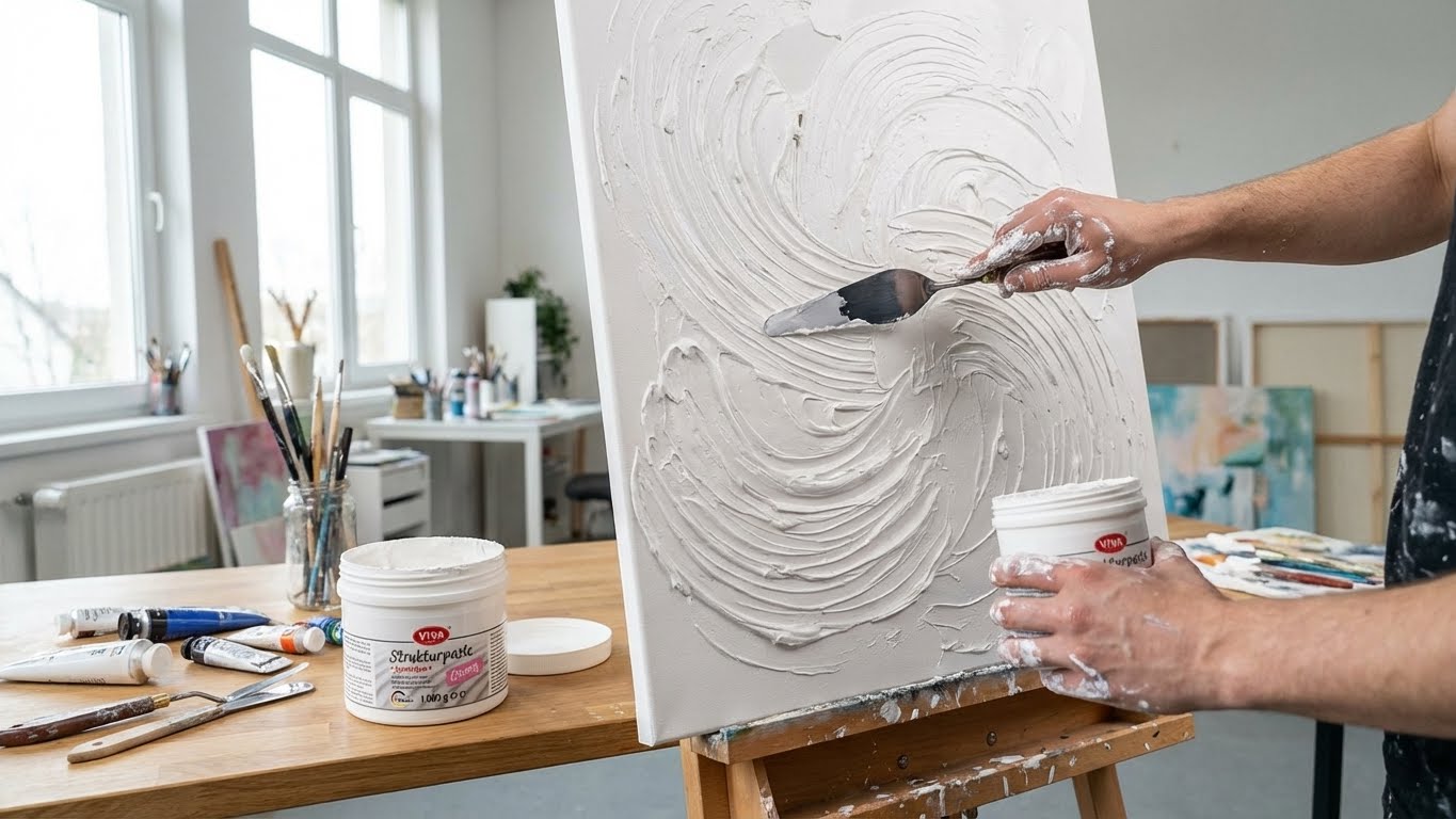Viva Decor Strukturpaste cremig beim Auftragen mit Spachtel auf Leinwand im Atelier.
