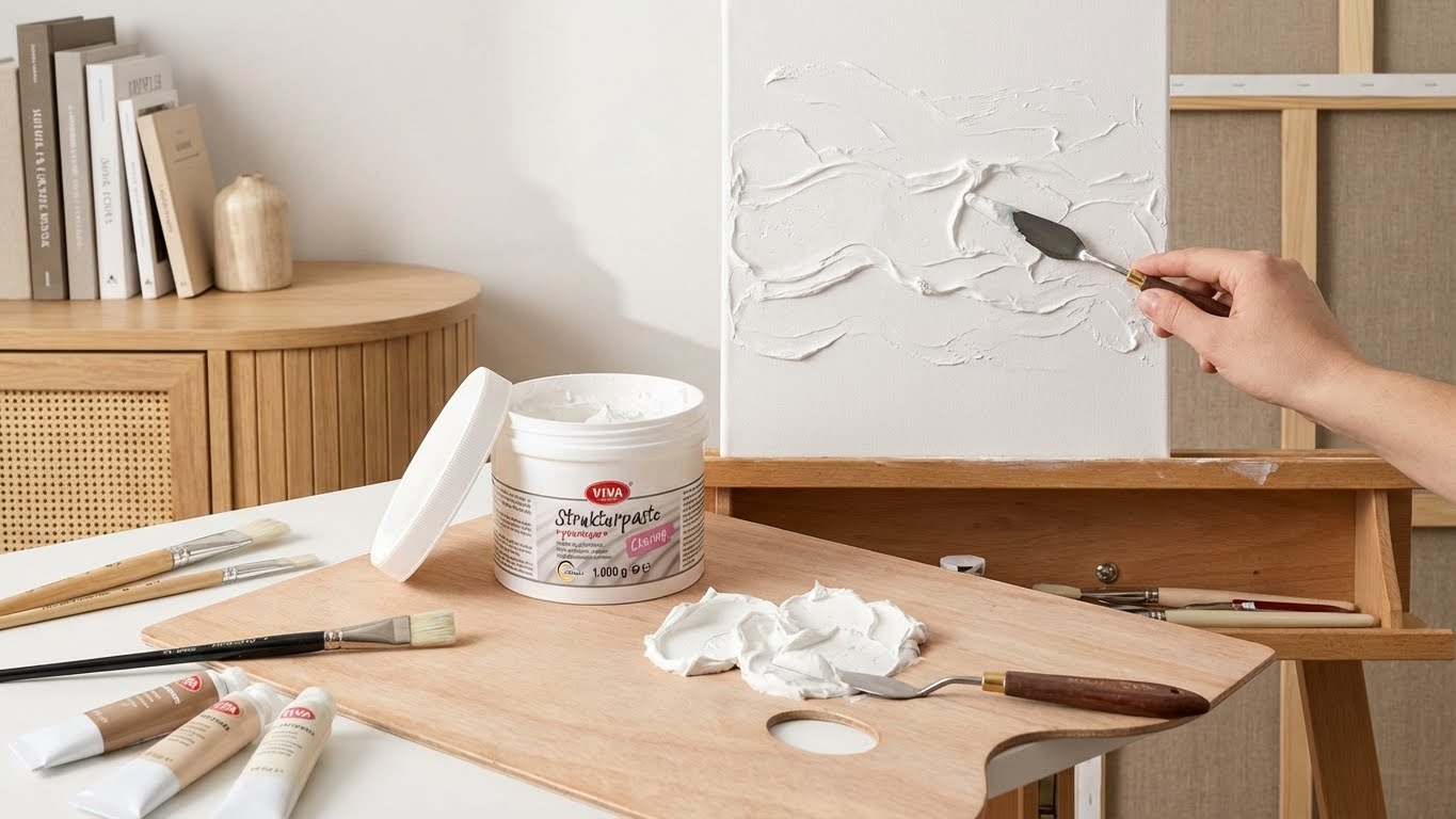 Viva Decor Strukturpaste cremig mit Werkzeugen und Leinwand im kreativen Atelierumfeld.