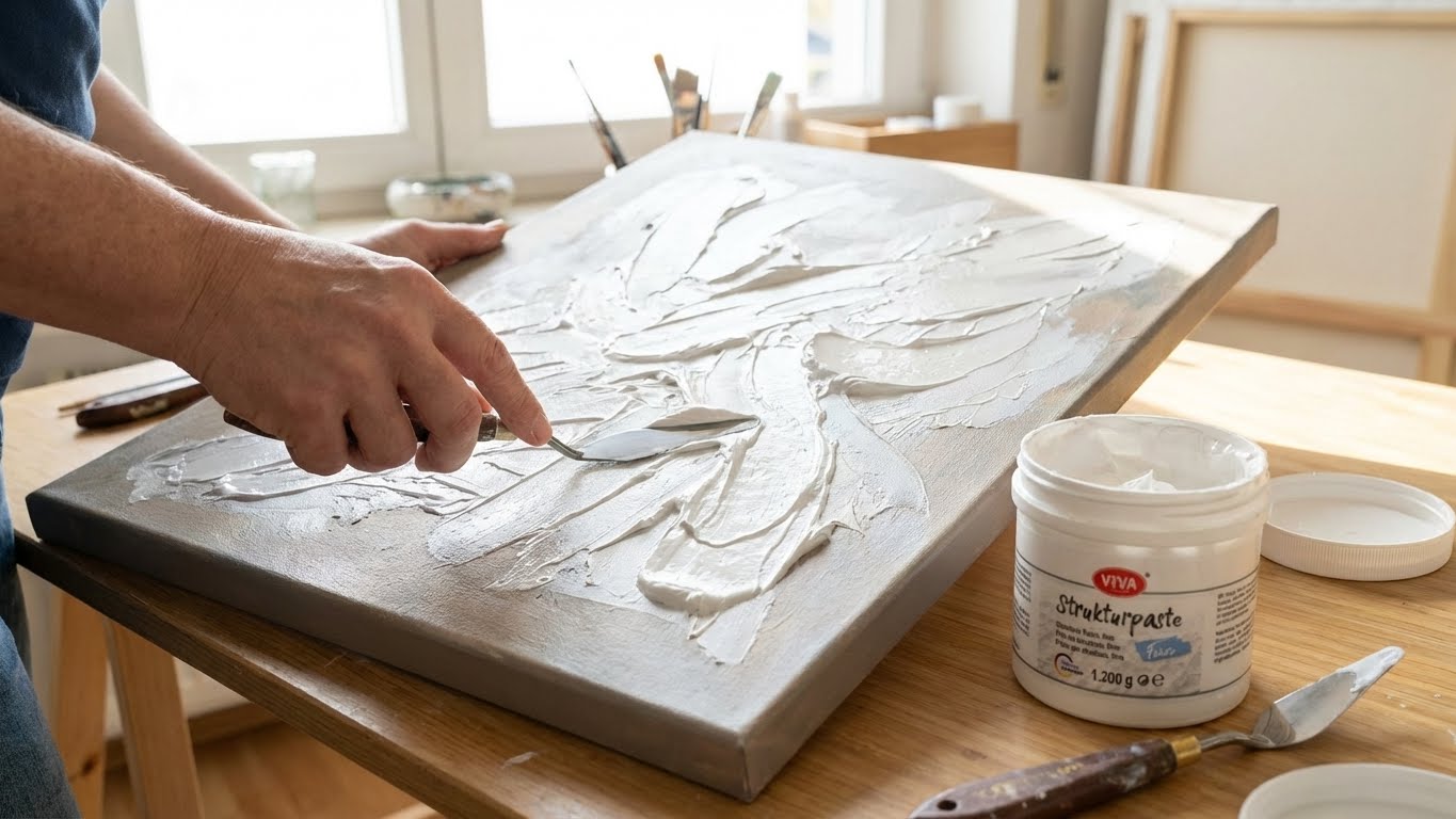 Anwendung der Viva Decor Strukturpaste Fein 1.200 g mit Spachtel auf großer Leinwand zur Gestaltung feiner Reliefstrukturen.