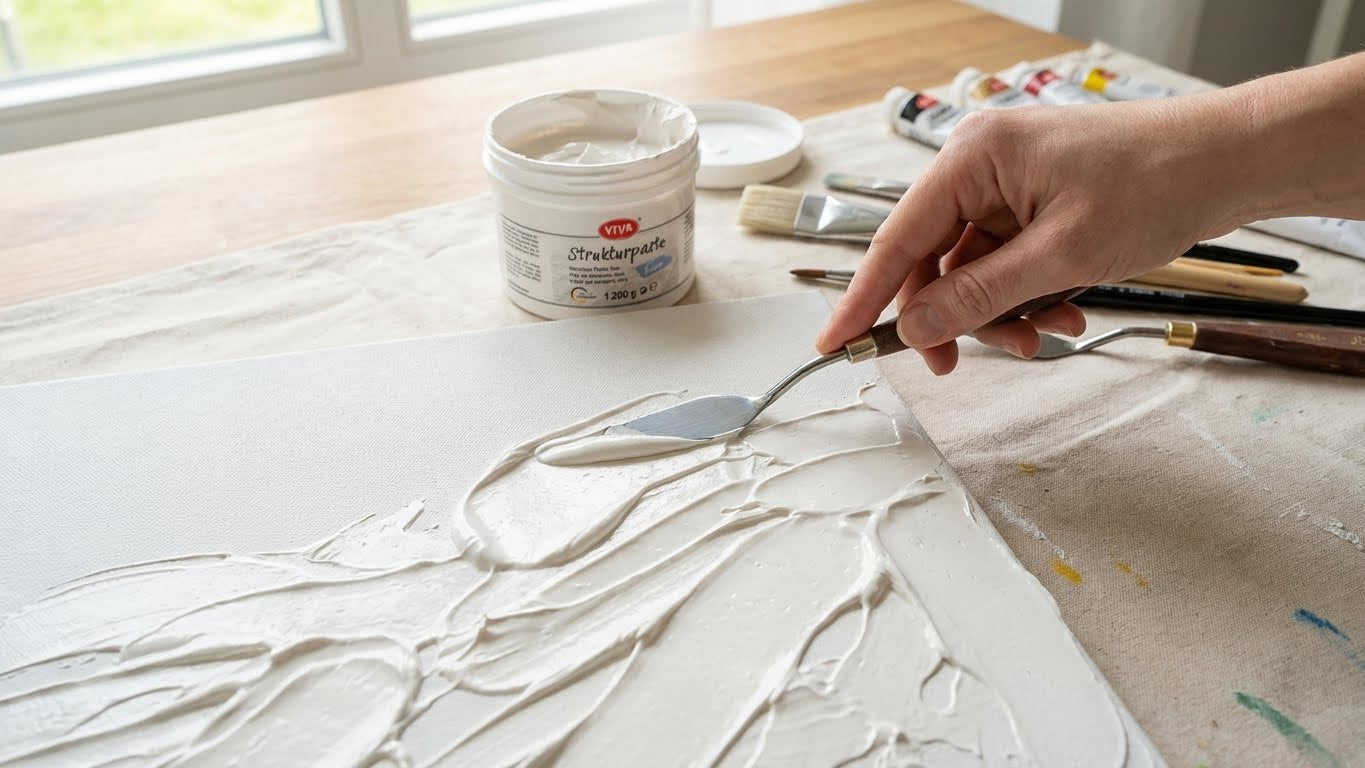 Detailaufnahme der Viva Decor Strukturpaste Fein beim gleichmäßigen Auftrag mit Malspachtel auf Leinwand.