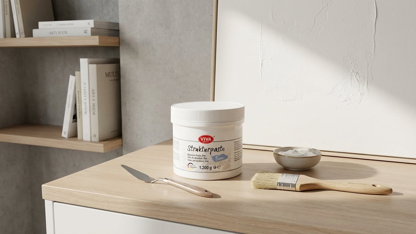 Viva Decor Strukturpaste Fein 1.200 g auf Tisch mit Spachtel, Pinsel und angerührter Paste vor strukturierter Leinwand im Hintergrund.