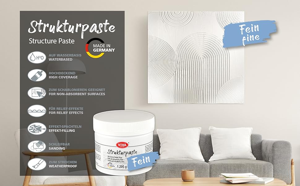 Viva Decor Strukturpaste Fein 1.200 g mit Übersicht der Produkteigenschaften und Beispiel eines fein strukturierten Wandbilds im Wohnraum.