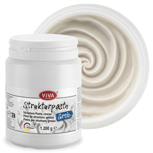 Viva Decor Strukturpaste Grob 1.200 g im weißen Kunststoffbehälter mit deutlich körniger Strukturabbildung im Hintergrund.