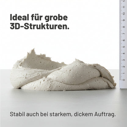 Körnige Viva Decor Strukturpaste Grob in standfester Form neben Maßskala, ideal für grobe 3D-Strukturen und starken Auftrag.