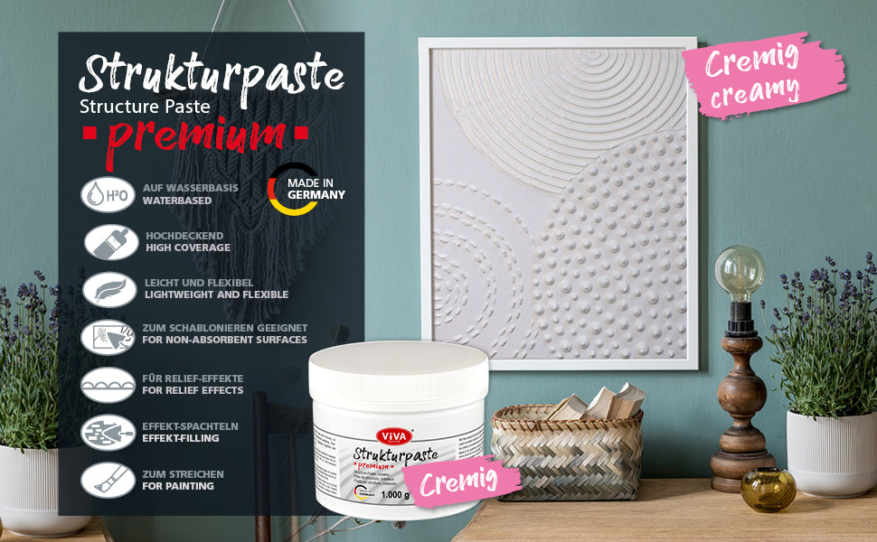 Viva Decor Strukturpaste Premium cremig als dekoratives Wandbild im Wohnraum mit Produktabbildung und Eigenschaften.