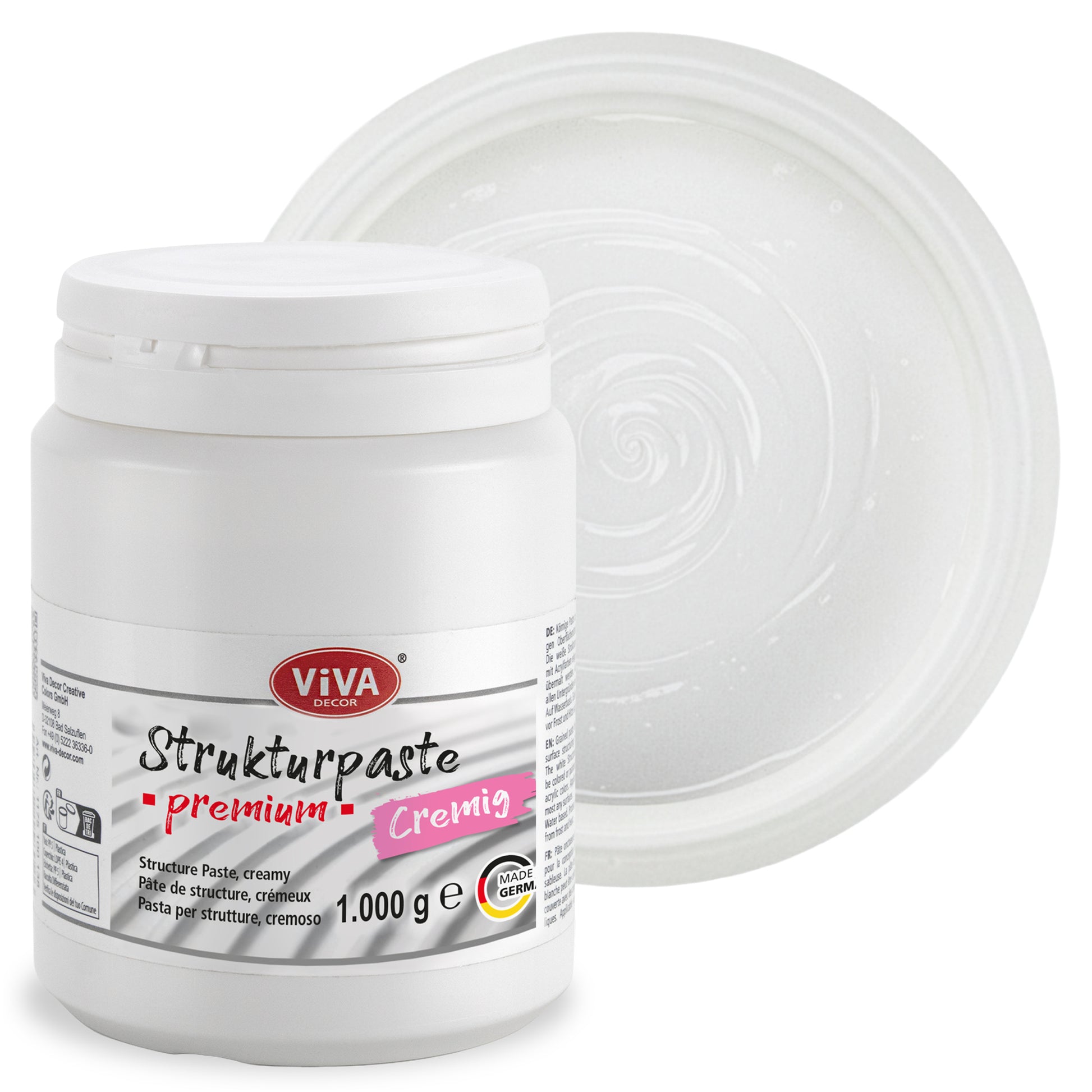 Viva Decor Strukturpaste Premium cremig in Weiß, 1 kg Dose, mit dargestellter pastöser Konsistenz und spiraliger Oberflächenstruktur.