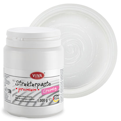 Viva Decor Strukturpaste Premium cremig in Weiß, 1 kg Dose, mit dargestellter pastöser Konsistenz und spiraliger Oberflächenstruktur.