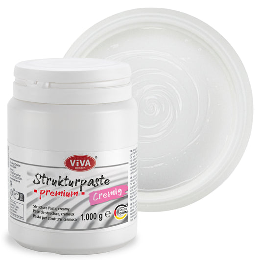 Viva Decor Strukturpaste Premium cremig in Weiß, 1 kg Dose, mit dargestellter pastöser Konsistenz und spiraliger Oberflächenstruktur.
