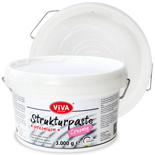 Viva Decor Strukturpaste Premium cremig in Weiß, 3.000 g Eimer mit geöffnetem Deckel und sichtbarer cremiger Konsistenz.