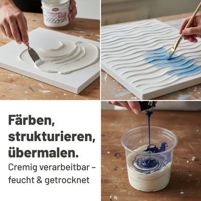 Anwendung der Viva Decor Strukturpaste auf Leinwand mit Spachtel sowie Einfärben mit Acrylfarbe im Mischbecher.