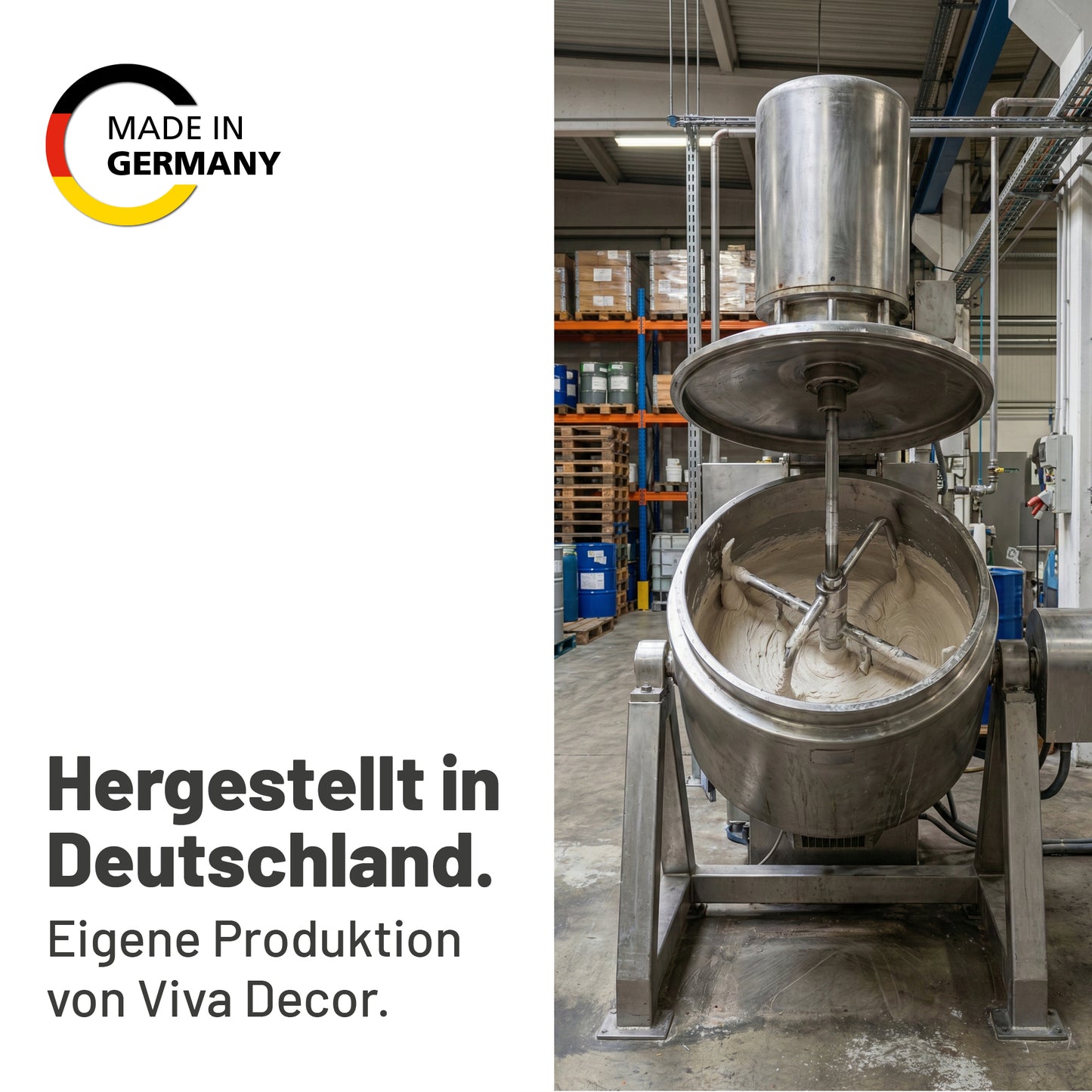 Produktion der Viva Decor Strukturpaste in Deutschland mit industriellem Rührwerk in der Manufaktur.