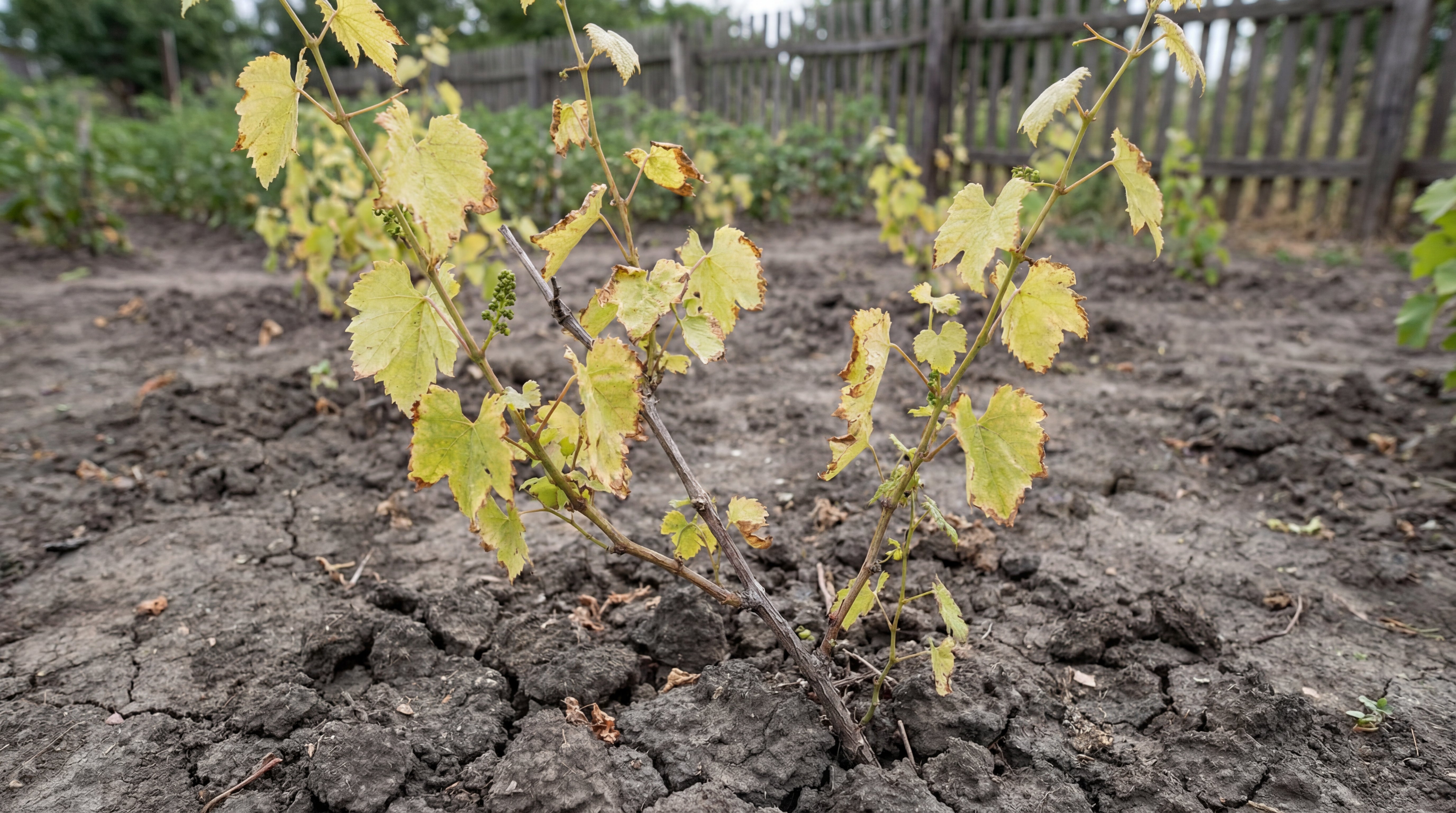 Geschwächte junge Weinrebe mit Nährstoffmangel im trockenen Gartenboden