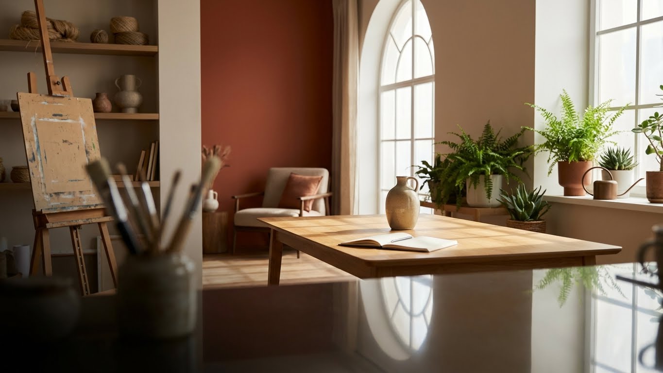 Heller Wohnraum mit roter Akzentwand, Staffelei und Holzregal, großem Holztisch mit Vase und Pflanzen am Fenster.