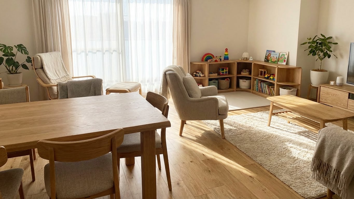 Wohnzimmer mit Holztisch, Stuehlen und Regal mit klar lackierten Holzoberflaechen