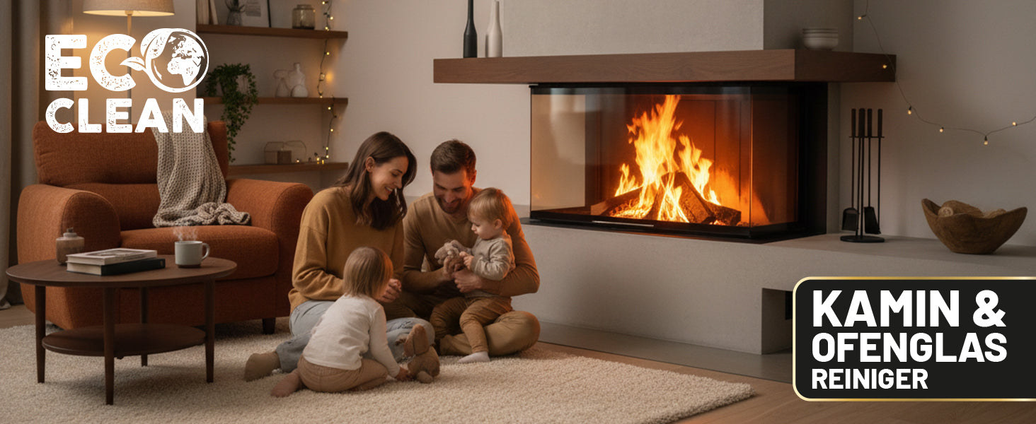 Gemütliches Wohnzimmer mit sauberer Kaminscheibe und Kaminfeuer – klare Sicht dank Eco Clean Kaminscheibenreiniger