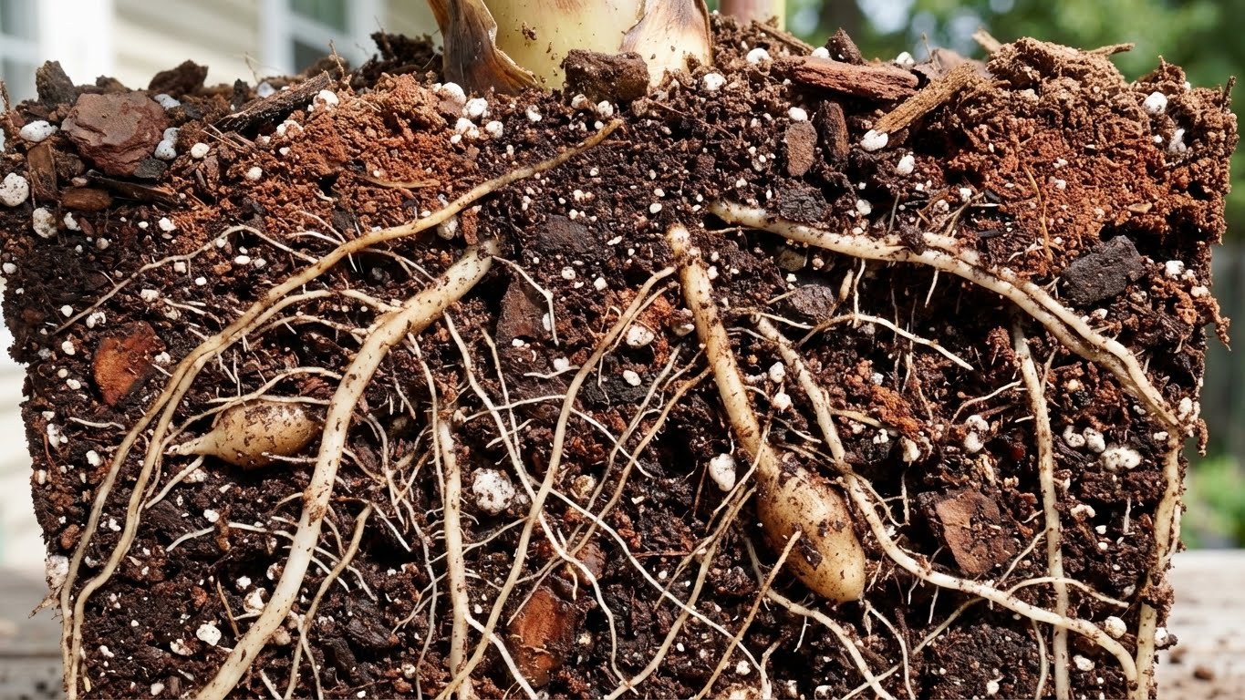 Nahaufnahme eines Wurzelballens mit lockerer Erde, sichtbaren Holzfasern und Perlite zur Veranschaulichung der Substratstruktur für Bananenpflanzen.