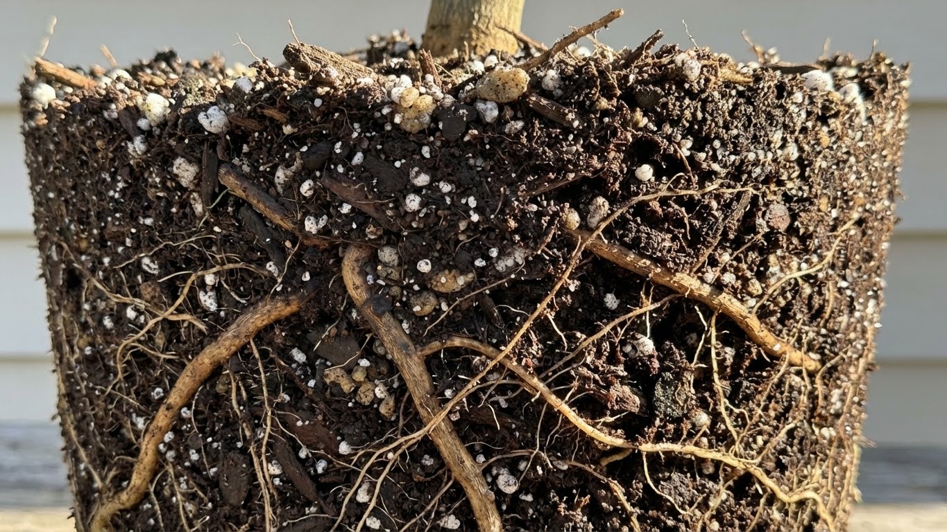 Nahaufnahme eines Wurzelballens mit lockerer Erde, sichtbaren Holzfasern und Perlite zur Veranschaulichung der Substratstruktur.