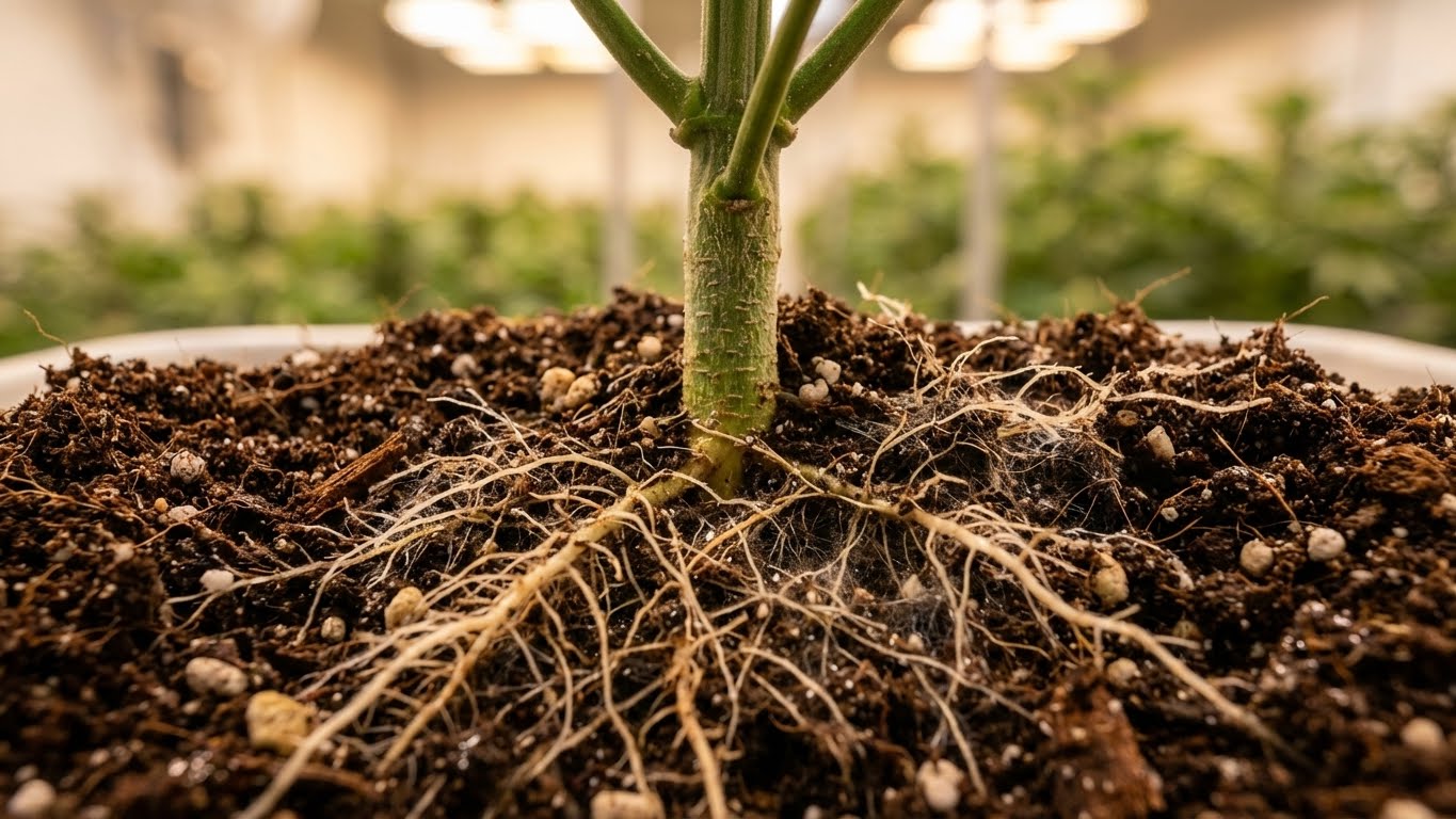 Detailaufnahme der Wurzelentwicklung einer Cannabispflanze in nährstoffreicher Erde mit Perlite.