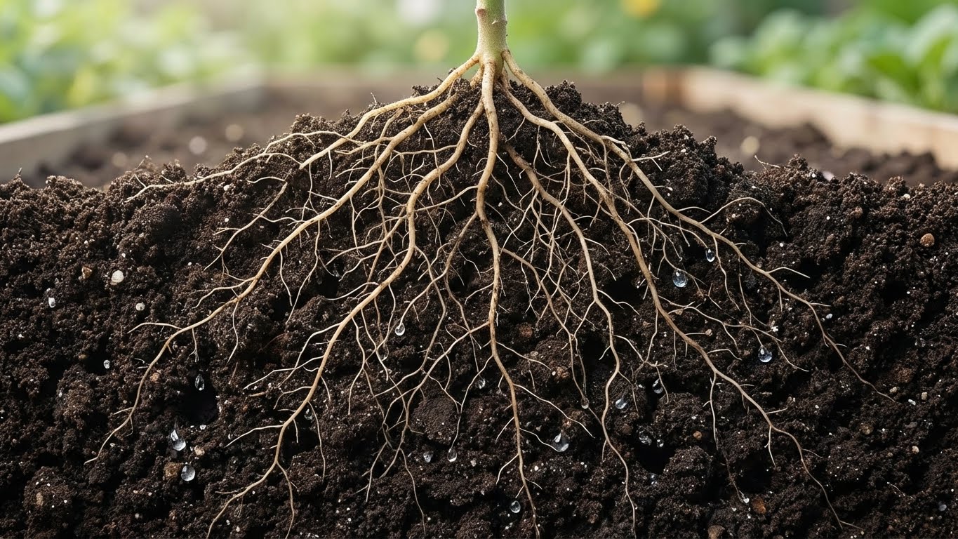 Detailansicht der Wurzeln einer Tomatenpflanze in strukturstabiler Erde mit gleichmäßiger Feuchtigkeitsverteilung