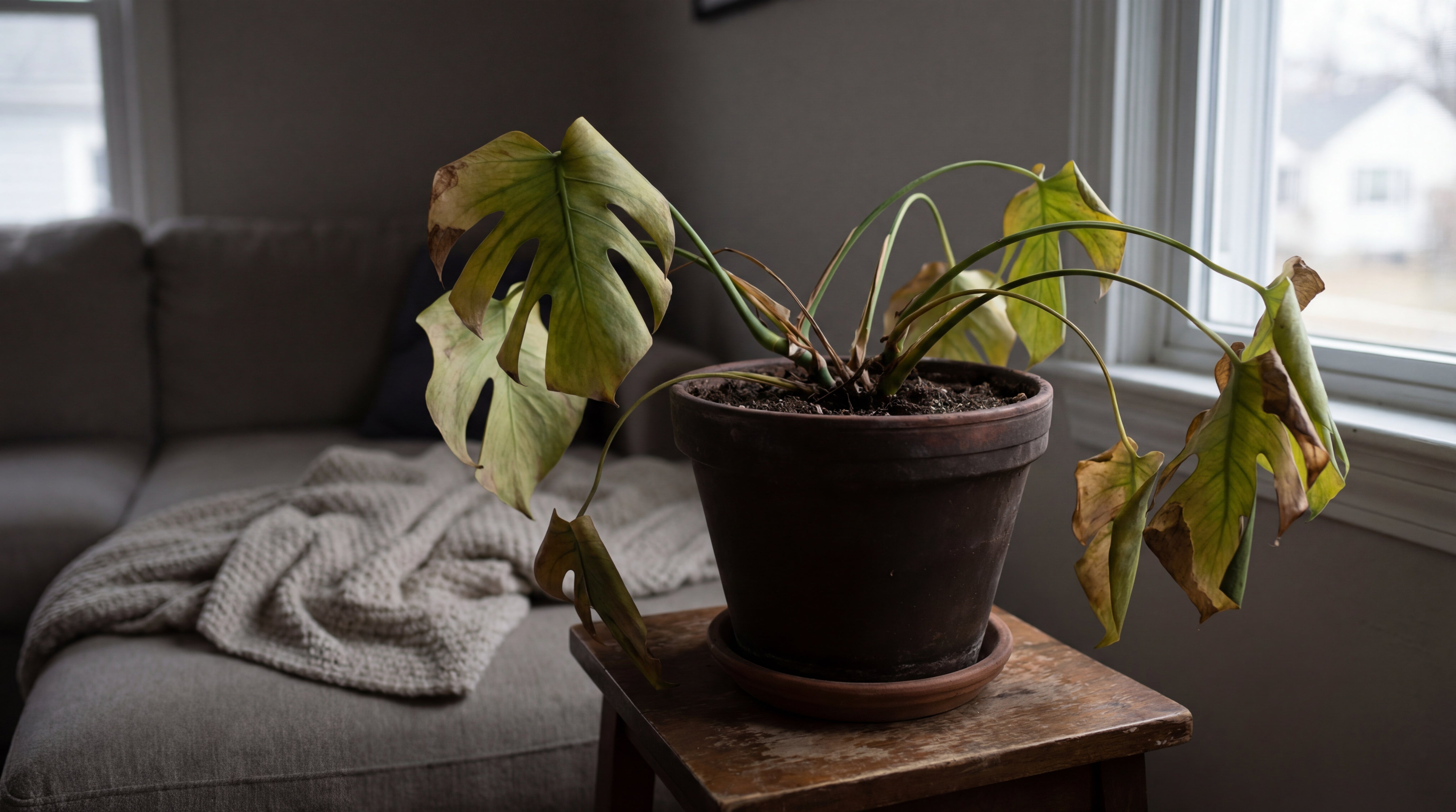 Geschwächte Monstera mit gelben Blättern vor der Anwendung von Green Home Grünpflanzenpflege im Innenraum.