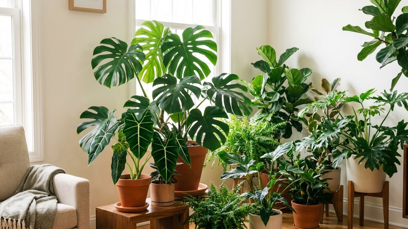 Mehrere grüne Zimmerpflanzen wie Monstera und Ficus stehen in Töpfen in einem hellen Wohnzimmer neben einem Sessel und einem Fenster.
