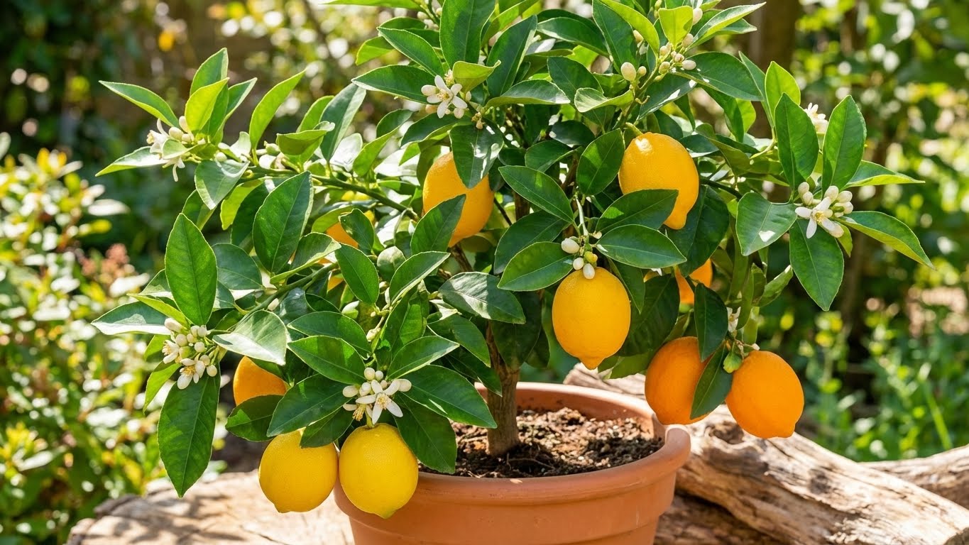 Gesunder Zitronenbaum im Tontopf mit grünen Blättern, weißen Blüten und reifen gelben Früchten im Garten.