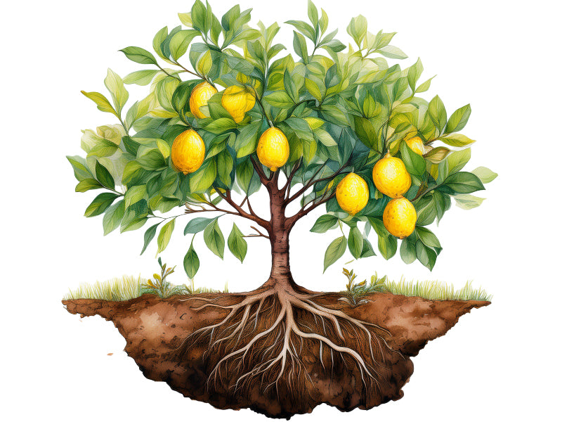 Illustration eines Zitronenbaums mit sichtbarem Wurzelwerk im Erdquerschnitt zur Darstellung der Bodenstruktur.