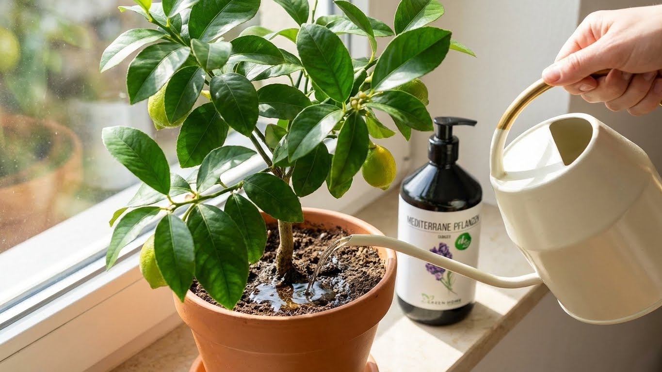 Zitronenbaum wird im Topf gegossen, daneben mediterraner Bio-Dünger für kräftige Blätter und gesunde Fruchtbildung.
