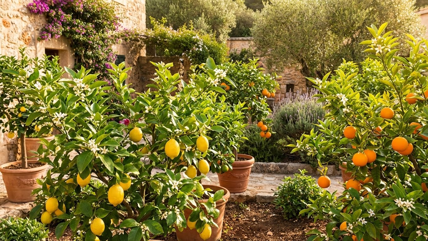 Mehrere Zitronen- und Orangenbäume in Töpfen in einem mediterranen Garten mit reifen Früchten und Blüten.